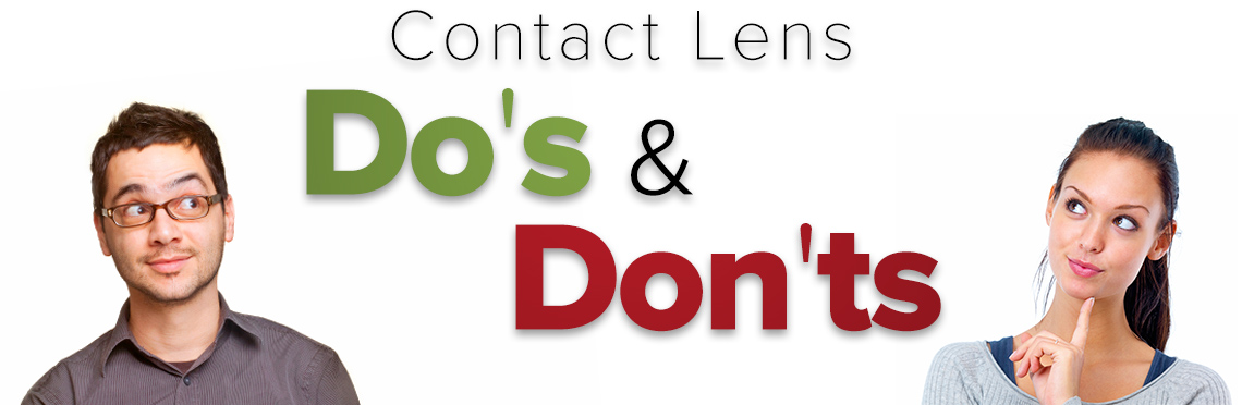 Man and woman with curious expressions looking at text that says Contact Lens Do's and Dont's