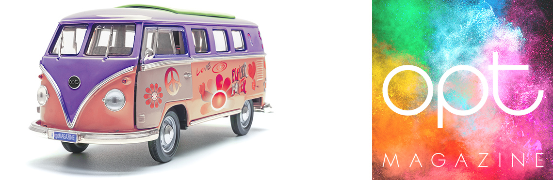 VW bus with colorful paint scheme and opt logo with colorful background