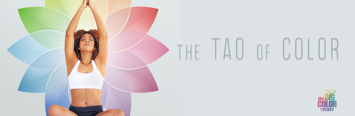 the TAO of Color hero image of a woman in a yoga pose sitting infront of an abstract color wheel