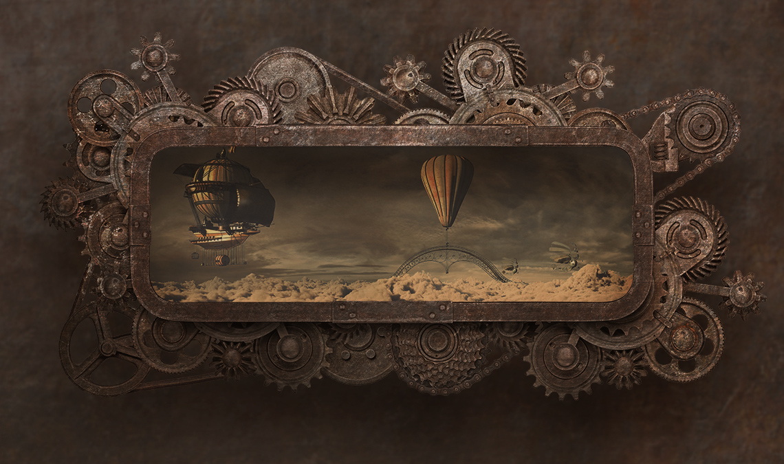 Steam punk style mechanical gizmo with an image of a blimp inside of it