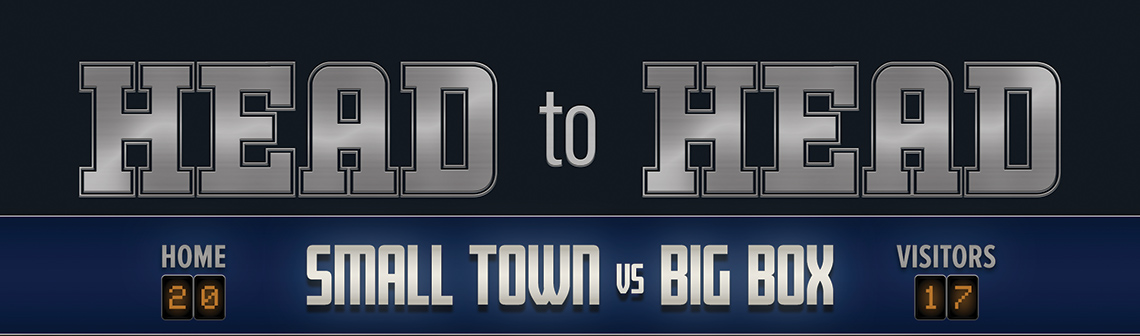 Title graphic showing text for Head-to-Head; Small Town vs Big Box. Done in a football style with home and visitors score boxes.