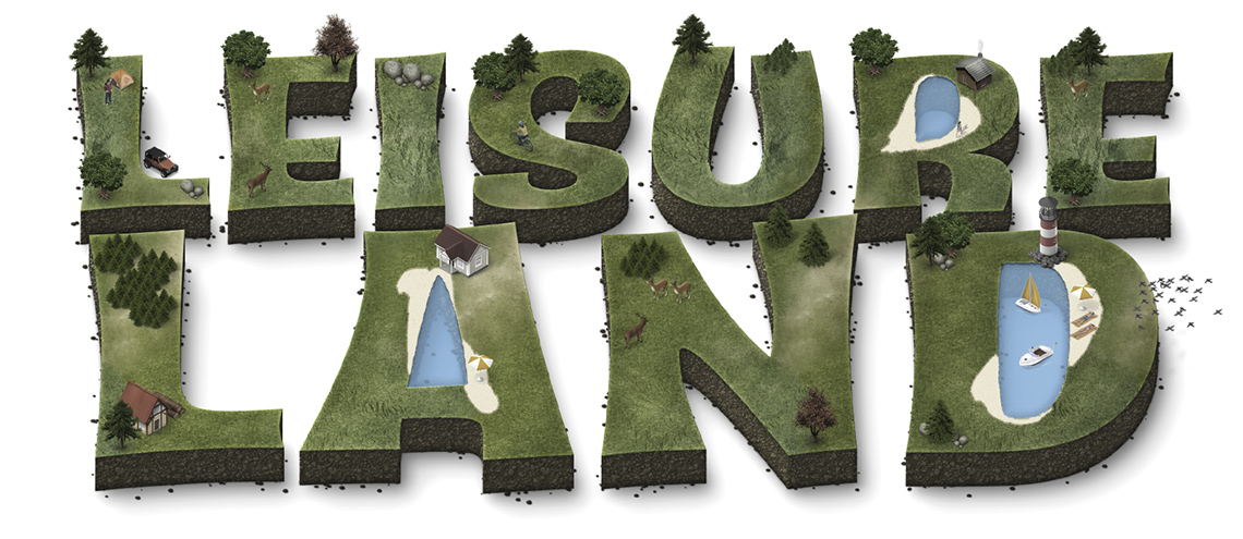 Image of the title "Leisure Land" with the letters looking like pieces of the earth with dirt sides, grass, trees and houses on top.