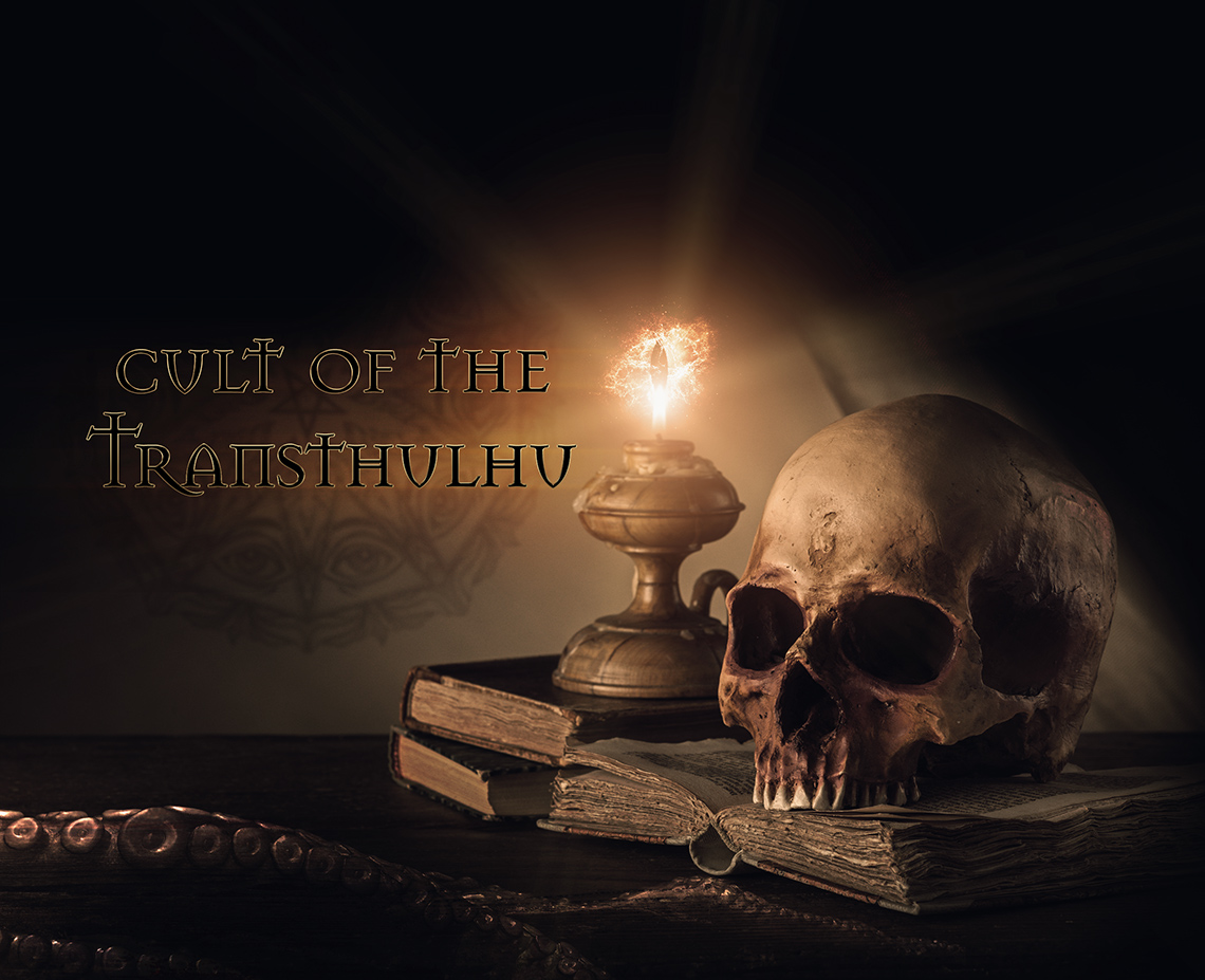 Image of a skull on a book with candle light, and the text "cult of the transthulu"