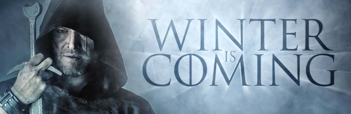 Medieval or renaissance style man holding a sword with text next to him that states Winter is Coming, in a Game of Thrones style