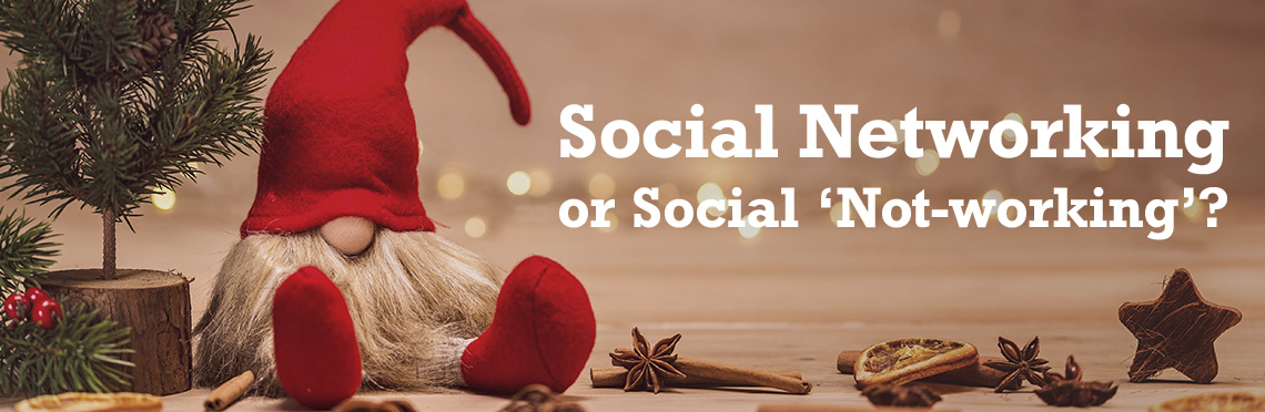 Picture of a holiday gnome sitting next to a christmas tree with the text, 'Social Networking or Social Not-working'.