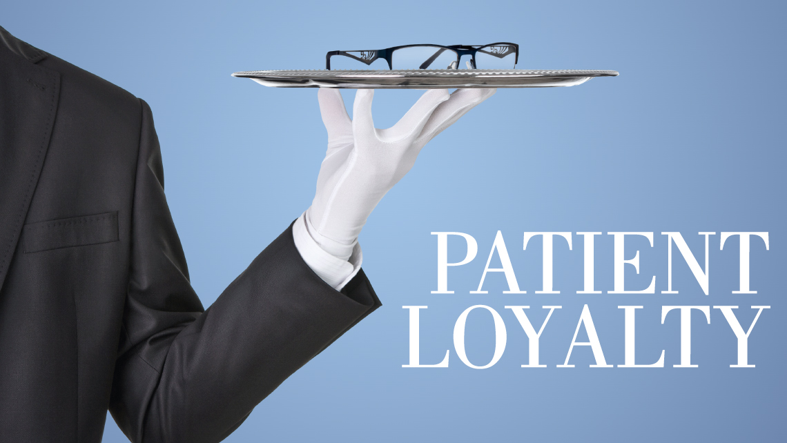 Hero image for article "Patient Loyalty". Butler holding a serving dish with a pair of eye glasses.