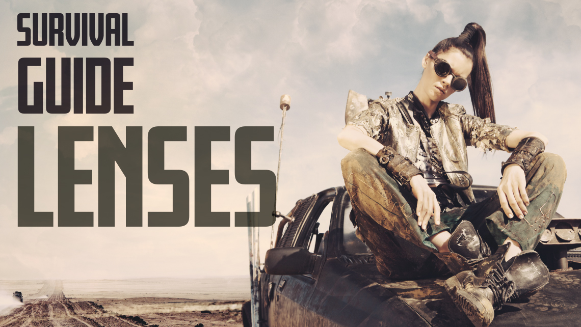 Hero image for article "Survival Guide Lenses". Apocalyptic woman sitting on the hood of her car in a desert. 