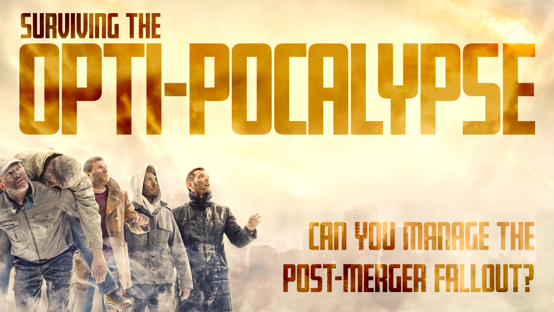 Hero Image for article "Surviving the Opti-Pocalypse: Can you manage the post-merger fallout?" Five men covered in dirt looking at the sky.