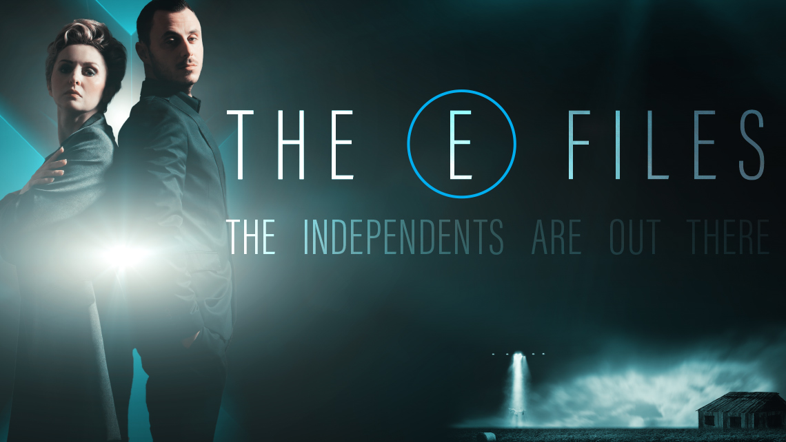 Hero image for article "The E Files". Man and woman standing back to back