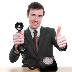 Thumbnail image for article "Customer Relations". Man in a suit giving a telephone the middle finger.