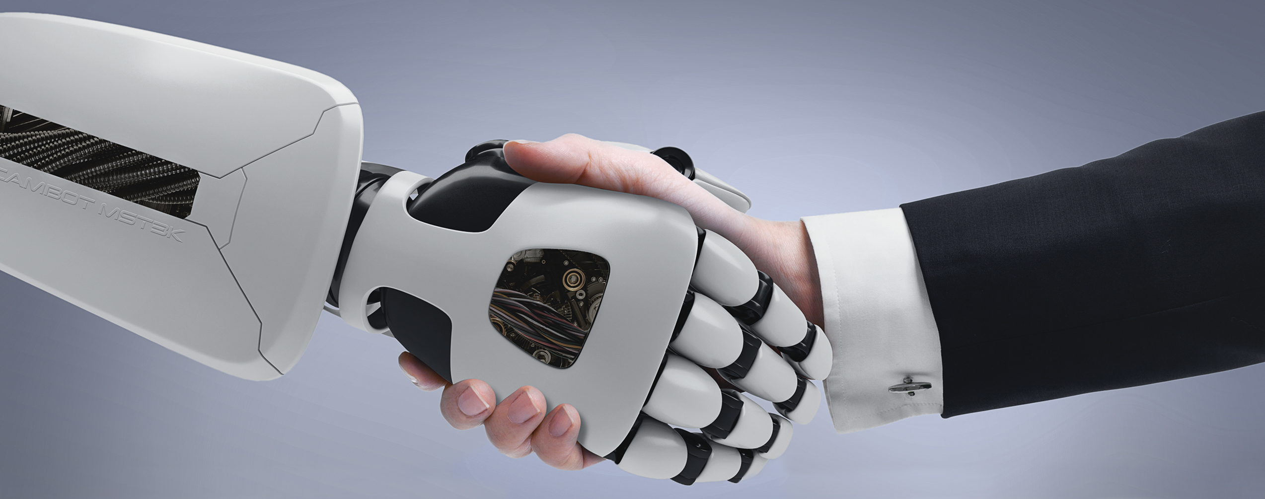 Handshake image for article "Human? Interaction". A robot hand shaking hands with a human hand.