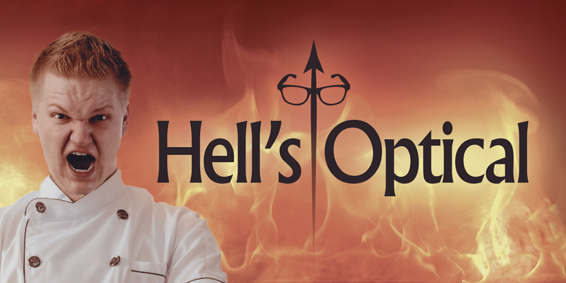 Hero image for "Hell's Optical" article. Photo of an angry man wearing a chefs shirt. TO the right is the title "Hell's Optical" with flames in the background.