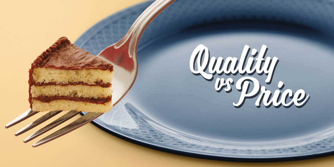 Hero image for "Quality vs Price" article. Photo of a mini slice of cake on a fork, next to a blue plate. With the title on the plate.