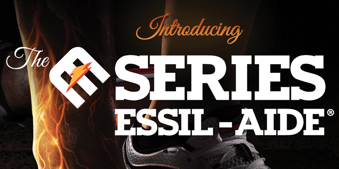 Hero image for "The E Series ESSIL-AIDE" article. Photo of the title in front of a close up shot of a person wearing a shoe with their hand on the ground.