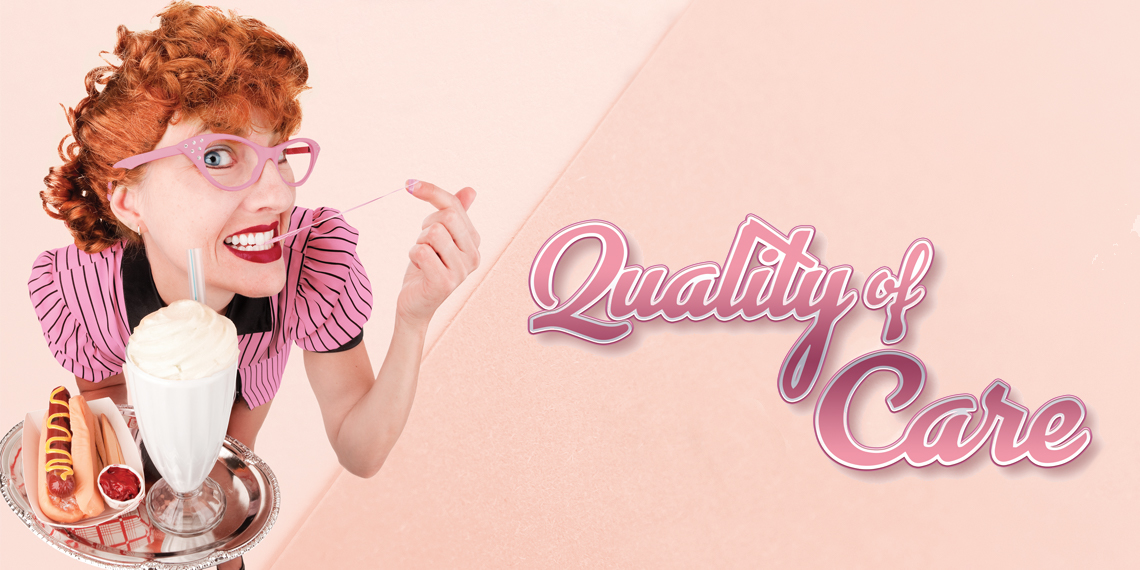 Hero image for "Quality of Care" article. Photo of a woman wearing all pink, carrying a food tray, and stretching gum between her teeth and finger on a pink background, next to the title.