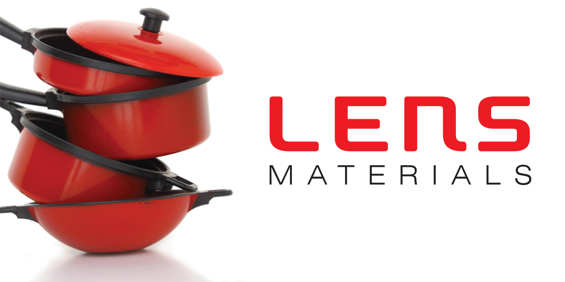 Hero image for "Lens Materials" article. Photo of a stack of pots and pans that are all red with black handles. The title is to the right. 