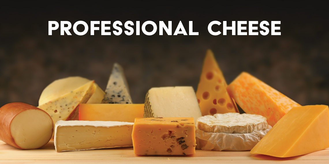 Hero image for "Professional Cheese" article. Professional Cheese title over a table with various types of cheese. 